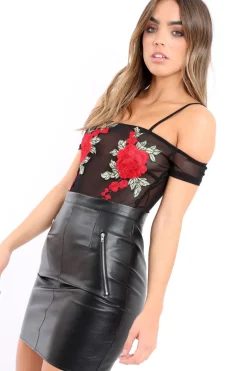 Rebellious Fashion Black Mesh Flower Applique Bodysuit - Sabella