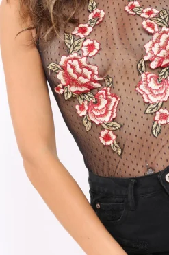 Rebellious Fashion Black Mesh Flower Applique Bodysuit - Montana