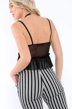 Rebellious Fashion Black Mesh Frill Hem Crop Top - Annora