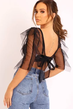Rebellious Fashion Black Mesh Frill Sleeve Plunge Crop Top - Faythe