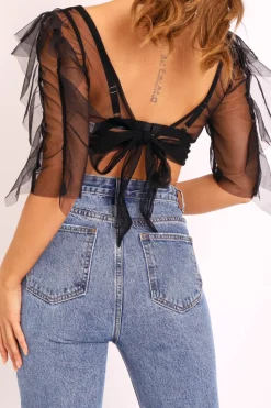 Rebellious Fashion Black Mesh Frill Sleeve Plunge Crop Top - Faythe