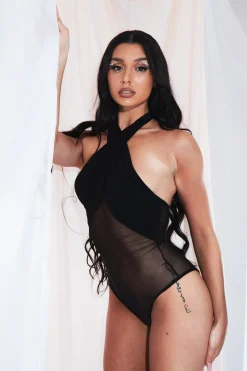 Rebellious Fashion Black Mesh Halter Neck Bodysuit - Christa