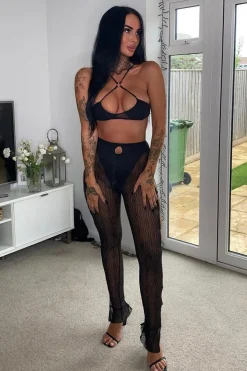 Rebellious Fashion Black Mesh Halter Neck Crop Top & Cut Out Leggings - Fara