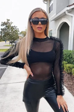 Rebellious Fashion Black Mesh High Neck Frill Sleeve Bodysuit - Carla