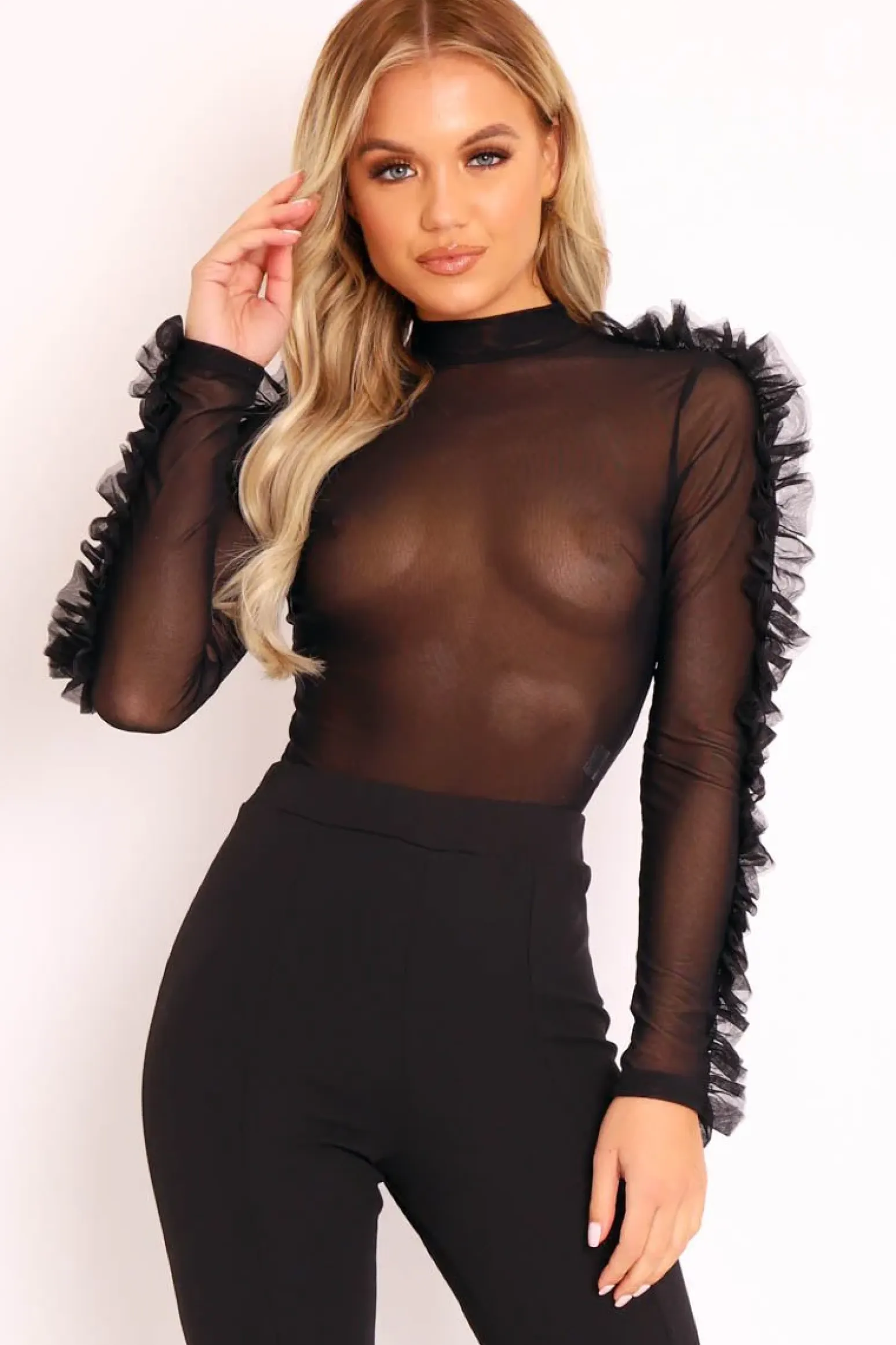 Rebellious Fashion Black Mesh High Neck Frill Sleeve Bodysuit - Carla