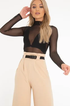 Rebellious Fashion Black Mesh High Neck Long Sleeve Bodysuit - Kimora