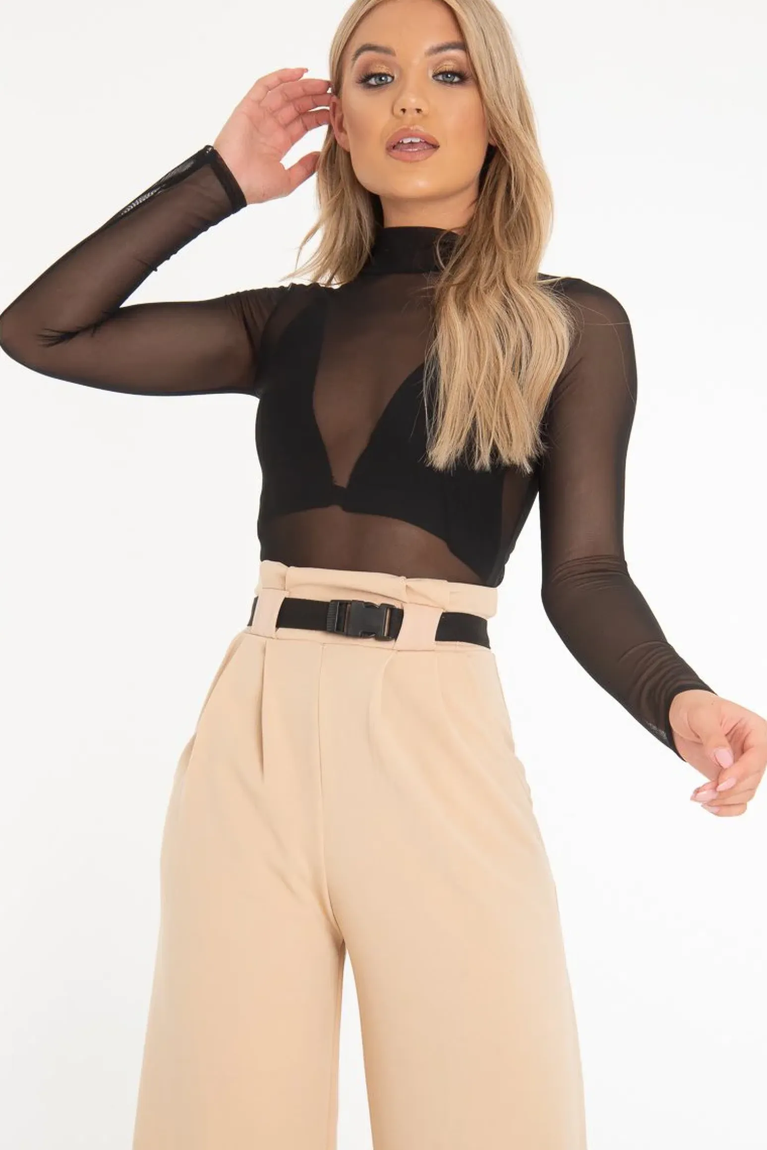 Rebellious Fashion Black Mesh High Neck Long Sleeve Bodysuit - Kimora