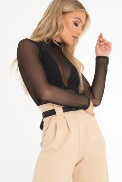 Rebellious Fashion Black Mesh High Neck Long Sleeve Bodysuit - Kimora
