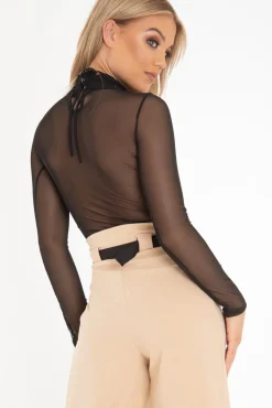 Rebellious Fashion Black Mesh High Neck Long Sleeve Bodysuit - Kimora