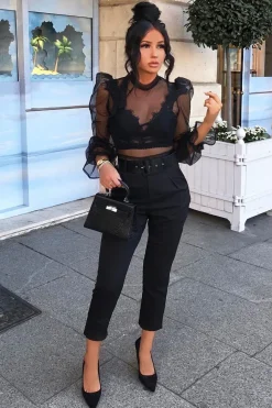 Rebellious Fashion Black Mesh High Neck Open Back Blouse - Anthea