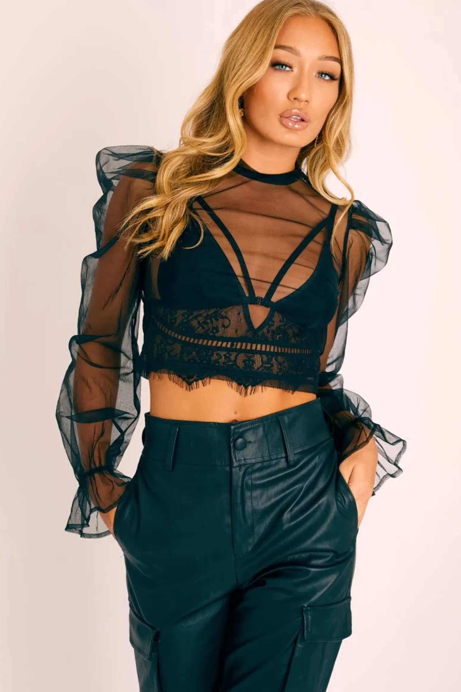 Rebellious Fashion Black Mesh High Neck Open Back Blouse - Anthea