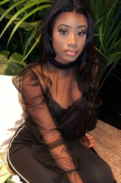 Rebellious Fashion Black Mesh High Neck Open Back Blouse - Anthea