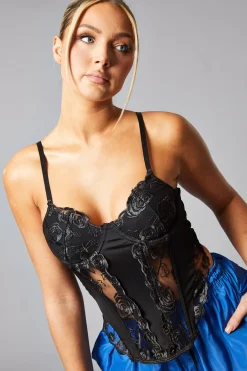 Rebellious Fashion Black Mesh Lace Floral Embroidered Corset Detail Top - Takara