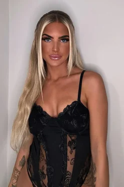 Rebellious Fashion Black Mesh Lace Floral Embroidered Corset Detail Top - Takara