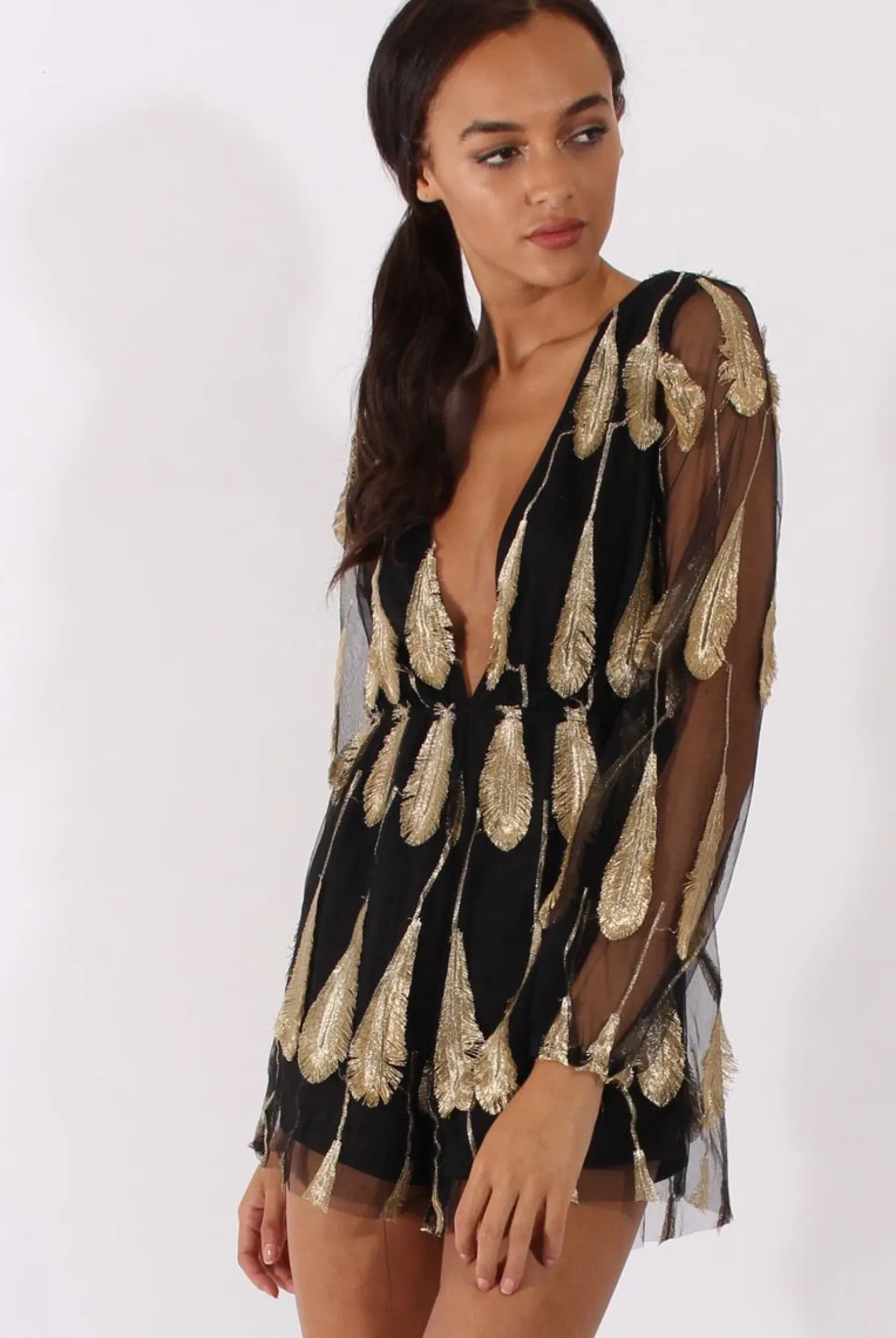 Rebellious Fashion Black Mesh Layer Feather Playsuit - Miranda