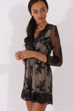 Rebellious Fashion Black Mesh Layer Sequin Playsuit - Rowan
