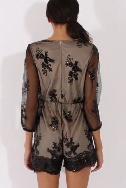 Rebellious Fashion Black Mesh Layer Sequin Playsuit - Rowan