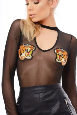 Rebellious Fashion Black Mesh Lion Embroidered Cut Out Choker Bodysuit - Chantelle