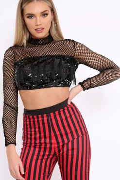 Rebellious Fashion Black Mesh Long Sleeve Crop Top With Sequin And Tassel Detailing - Elyssia