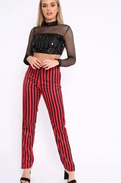 Rebellious Fashion Black Mesh Long Sleeve Crop Top With Sequin And Tassel Detailing - Elyssia