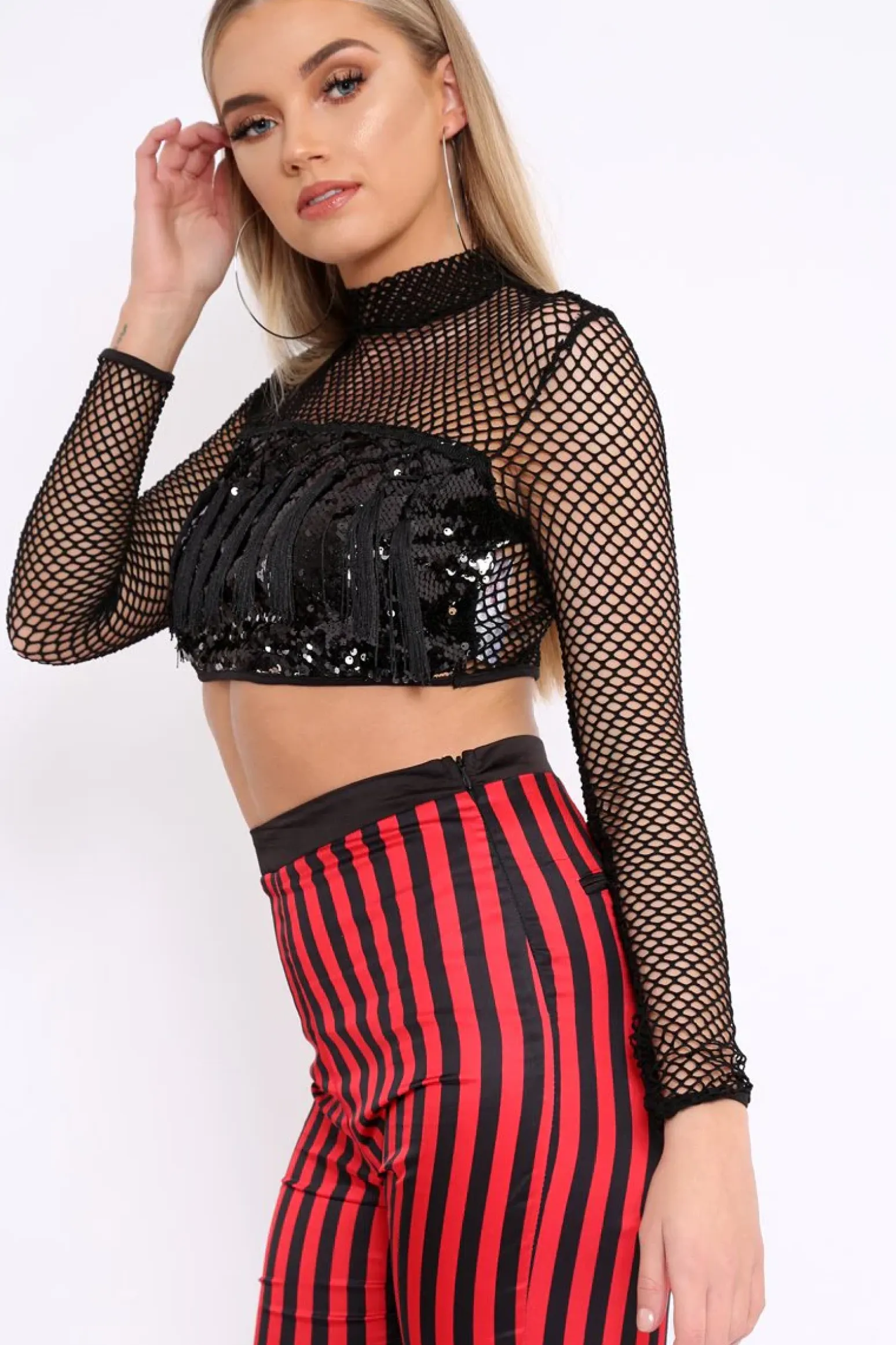 Rebellious Fashion Black Mesh Long Sleeve Crop Top With Sequin And Tassel Detailing - Elyssia
