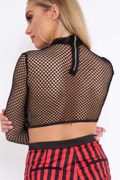 Rebellious Fashion Black Mesh Long Sleeve Crop Top With Sequin And Tassel Detailing - Elyssia