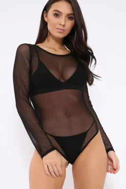 Rebellious Fashion Black Mesh Long Sleeved Bodysuit - Alesa