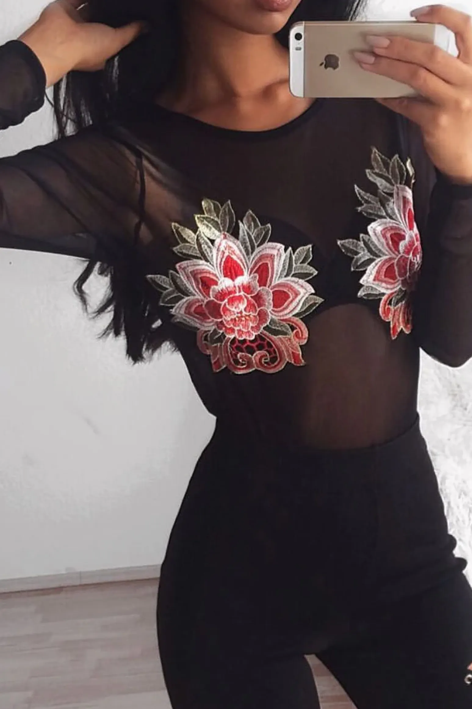 Rebellious Fashion Black Mesh Long Sleeved Embroidered Bodysuit - Bonnie