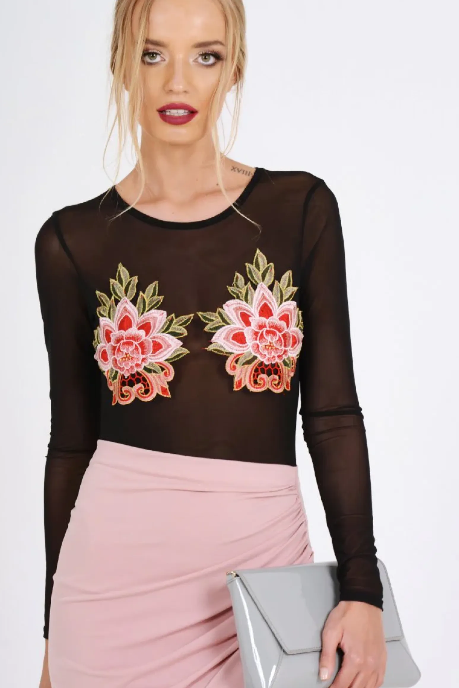 Rebellious Fashion Black Mesh Long Sleeved Embroidered Bodysuit - Bonnie