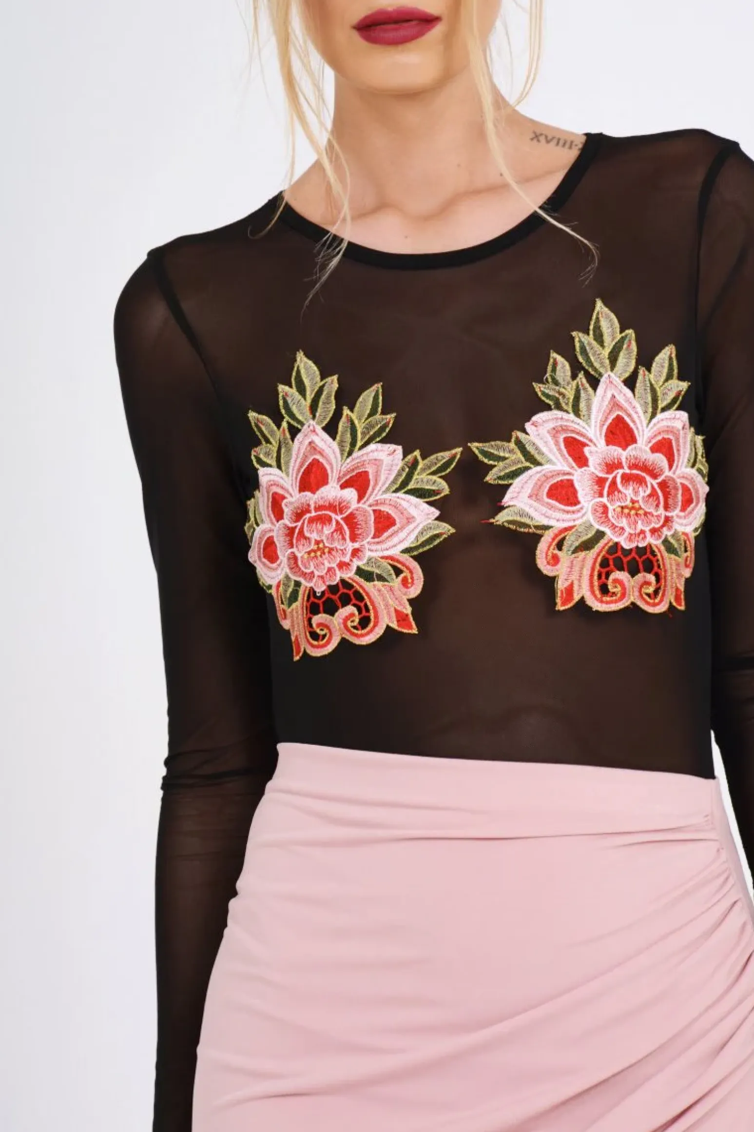 Rebellious Fashion Black Mesh Long Sleeved Embroidered Bodysuit - Bonnie