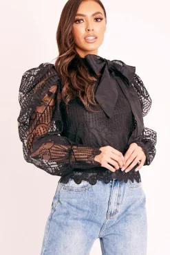 Rebellious Fashion Black Mesh Ornate Embroidery Neck Tie Blouse Top - Tamzen