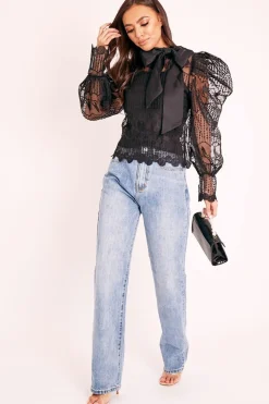 Rebellious Fashion Black Mesh Ornate Embroidery Neck Tie Blouse Top - Tamzen