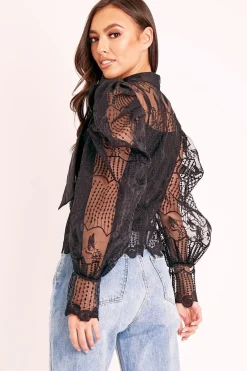 Rebellious Fashion Black Mesh Ornate Embroidery Neck Tie Blouse Top - Tamzen