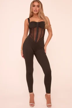 Rebellious Fashion Black Mesh Panel Corset Detail Sleeveless Jumpsuit - Susanna