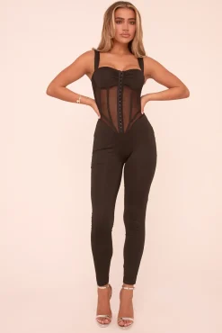 Rebellious Fashion Black Mesh Panel Corset Detail Sleeveless Jumpsuit - Susanna