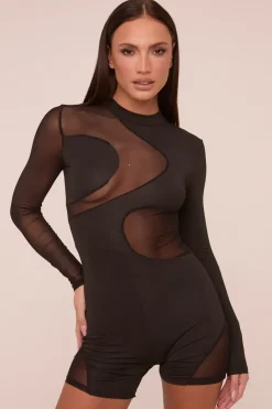 Rebellious Fashion Black Mesh Panel High Neck Long Sleeves Playsuit - Adelaine