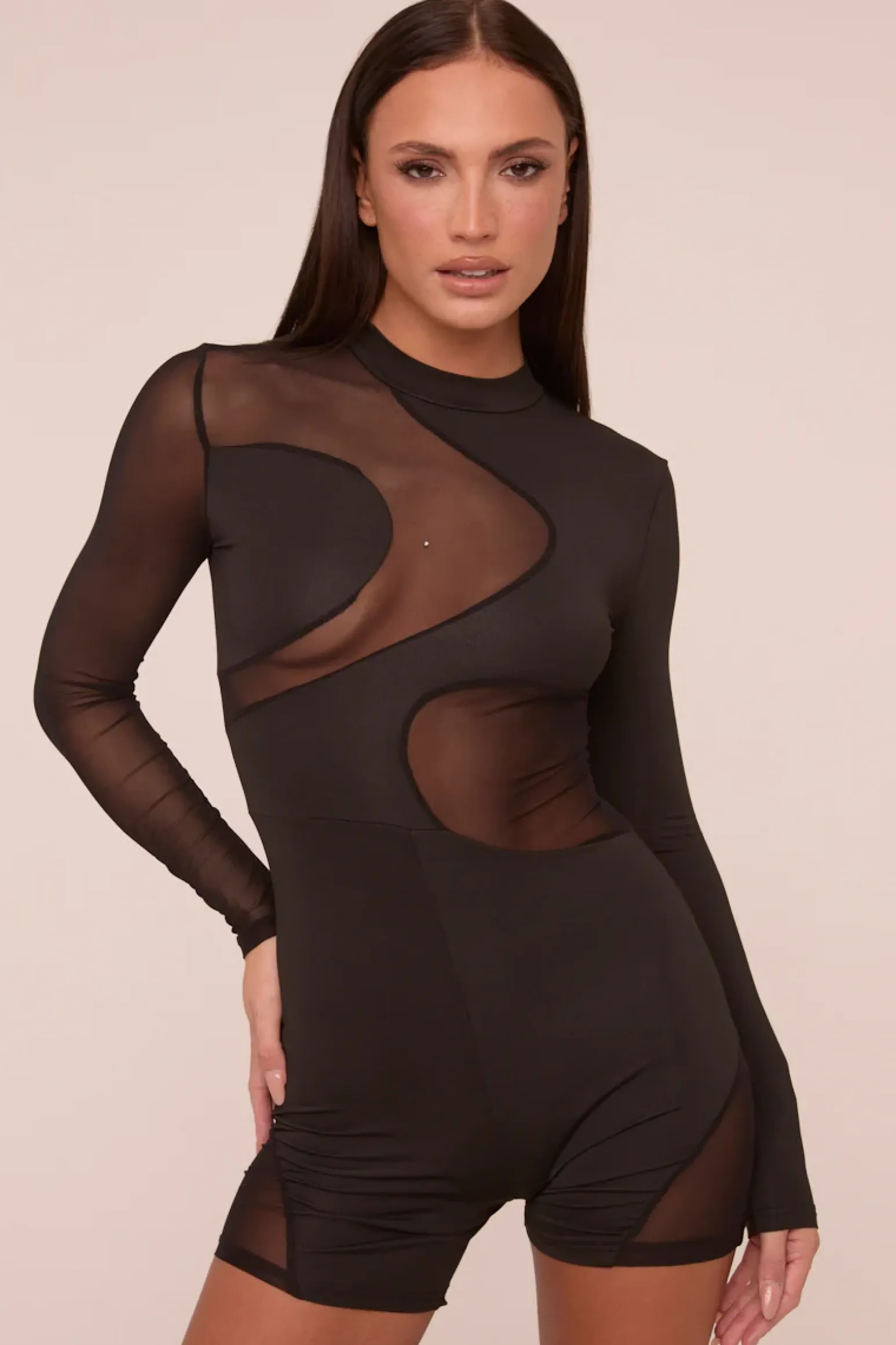 Rebellious Fashion Black Mesh Panel High Neck Long Sleeves Playsuit - Adelaine