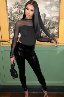 Rebellious Fashion Black Mesh Panel Long Sleeve Bodysuit - Dimitra