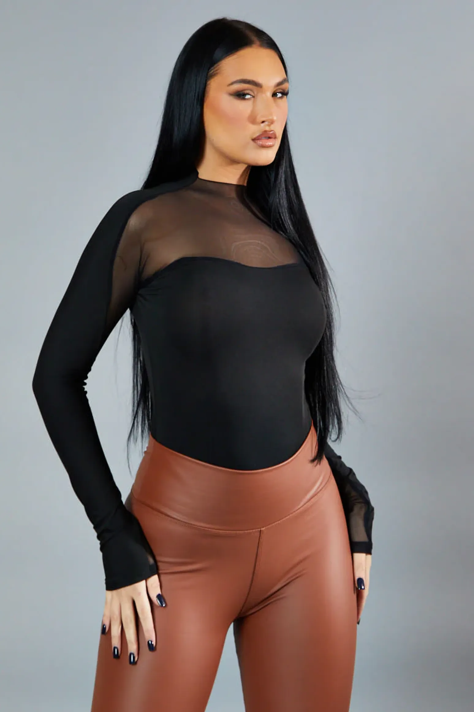 Rebellious Fashion Black Mesh Panel Long Sleeve Bodysuit - Dimitra