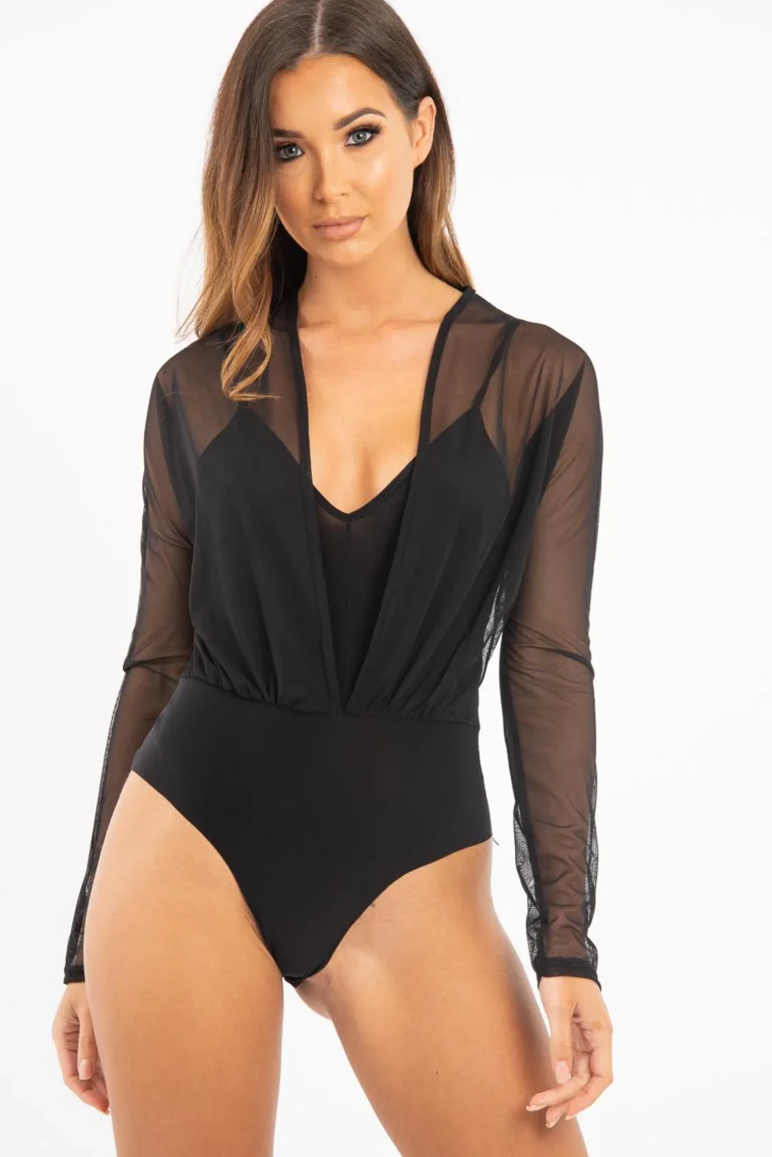 Rebellious Fashion Black Mesh Plunge Front Bodysuit with Lining - Frayer