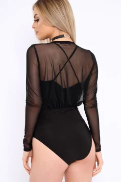 Rebellious Fashion Black Mesh Plunge Front Bodysuit - Eyra