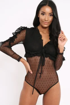 Rebellious Fashion Black Mesh Polka Dot Bodysuit - Pennie