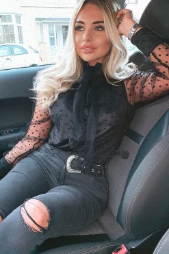Rebellious Fashion Black Mesh Polka Tie Detail Shirt - Vylette