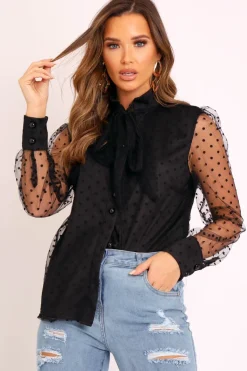Rebellious Fashion Black Mesh Polka Tie Detail Shirt - Vylette