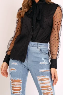 Rebellious Fashion Black Mesh Polka Tie Detail Shirt - Vylette