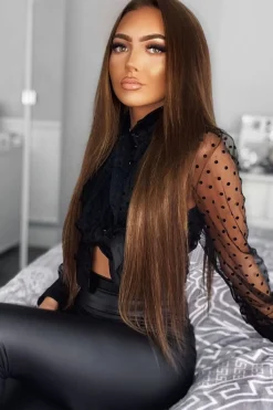Rebellious Fashion Black Mesh Polka Tie Detail Shirt - Vylette