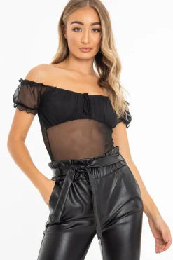 Rebellious Fashion Black Mesh Puff Sleeve Tie Front Bodysuit - Suki