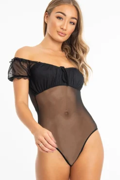 Rebellious Fashion Black Mesh Puff Sleeve Tie Front Bodysuit - Suki