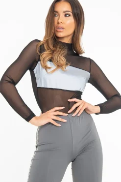 Rebellious Fashion Black Mesh Reflective Insert Bodysuit - Kharis
