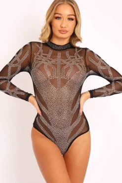 Rebellious Fashion Black Mesh Rhinestone Embellished Bodysuit - Alayne